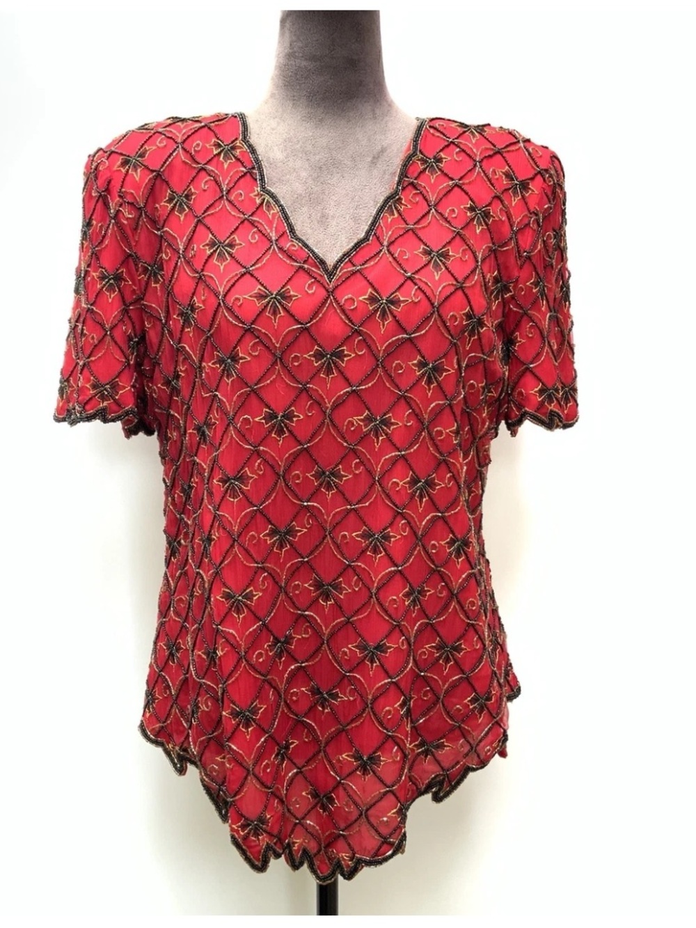 Vintage Stenay Red 100% Silk Beaded Blouse XL Holiday Party Glam Evening